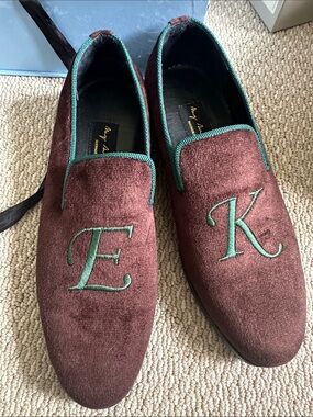 May Anthony Brown Velvet Slip-On Loafers with Green Embroidery
